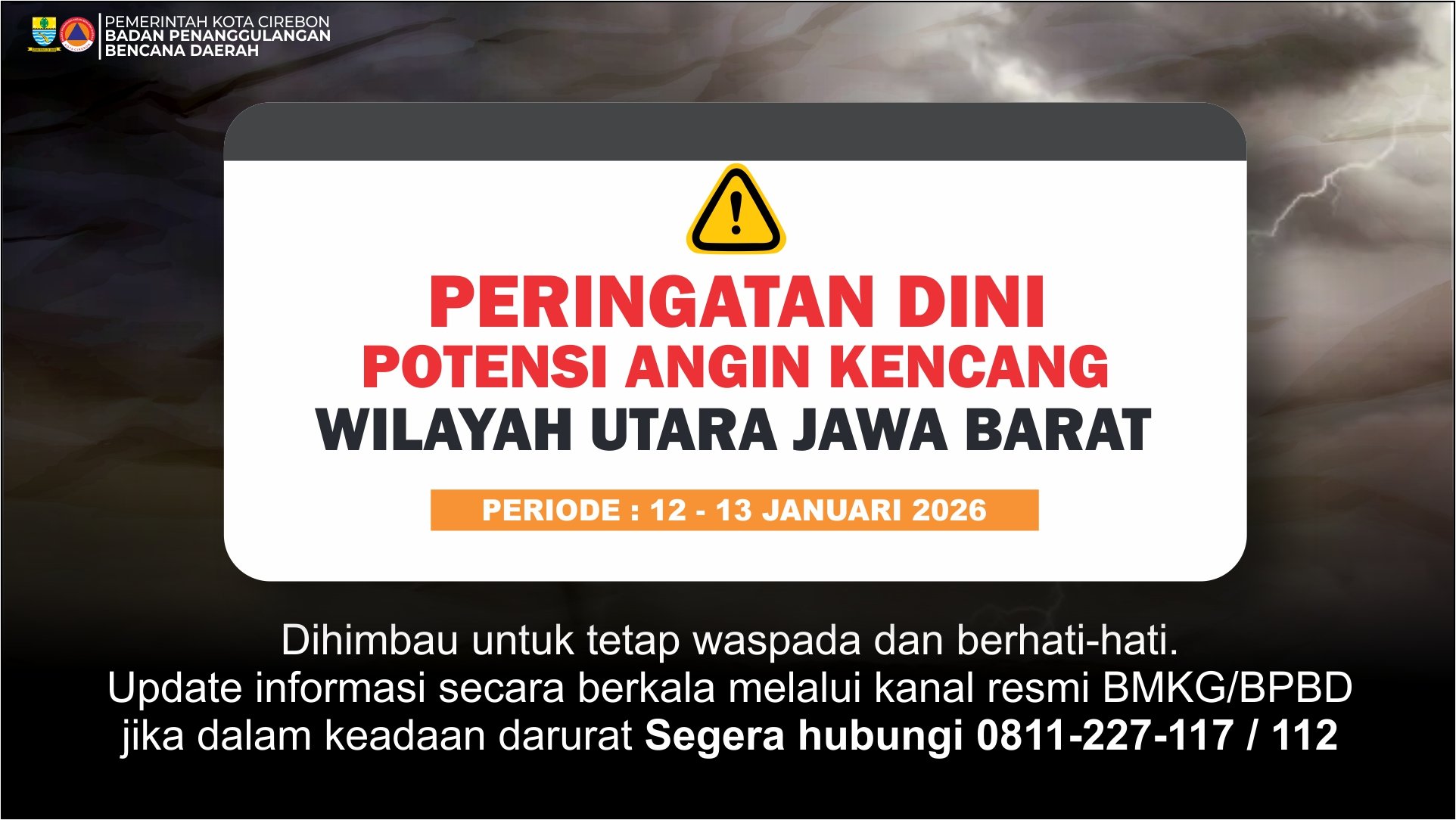 Peringatan Dini Angin Kencang Wilayah Utara Jawa Barat Periode 12 - 13 Januari 2026